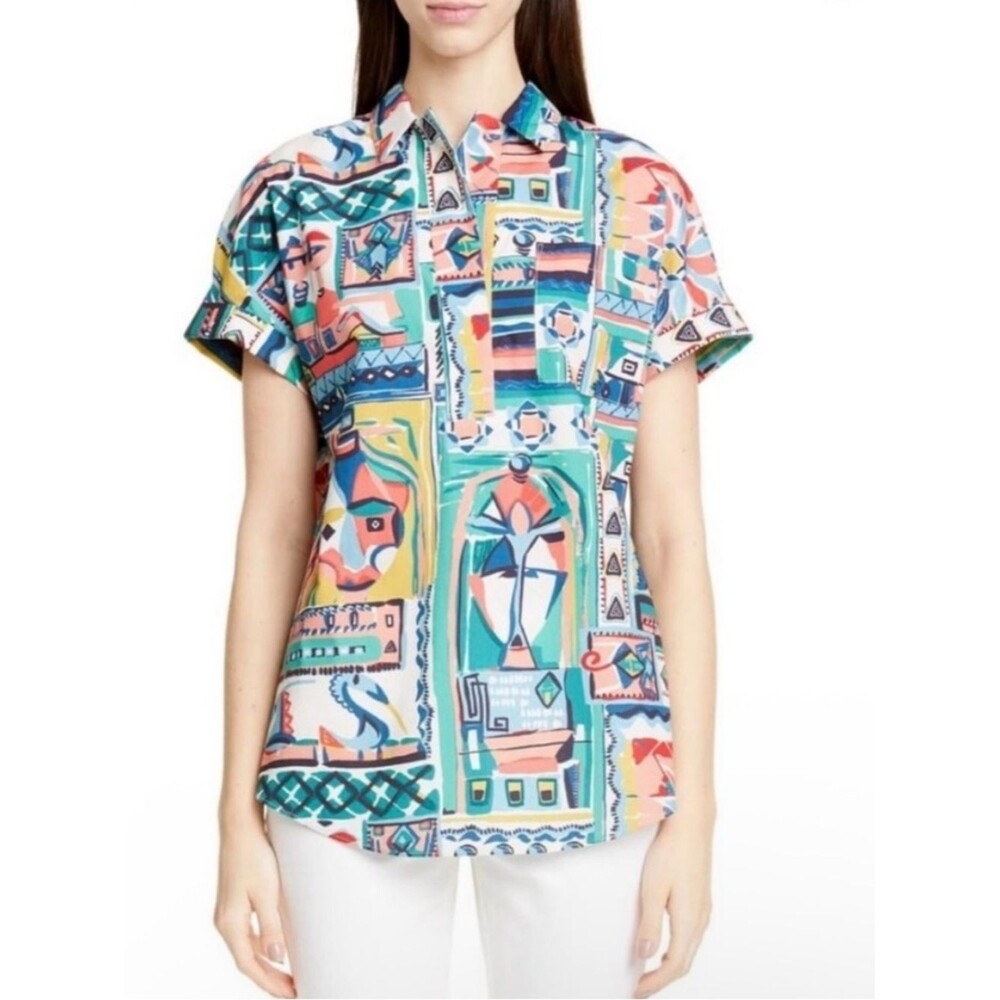 Lafayette 148 New York Huxley Patchwork Print Cotton Top Palazzo Shirt XL